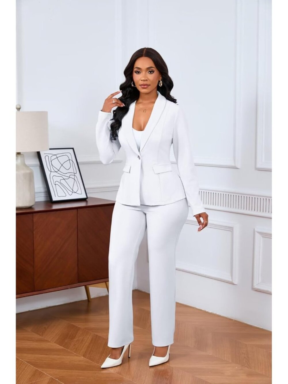 Women's White 2 Piece Pant Suits Dressy Blazer Straight Leg Set Formal Outfits - Picture 3 of 6
